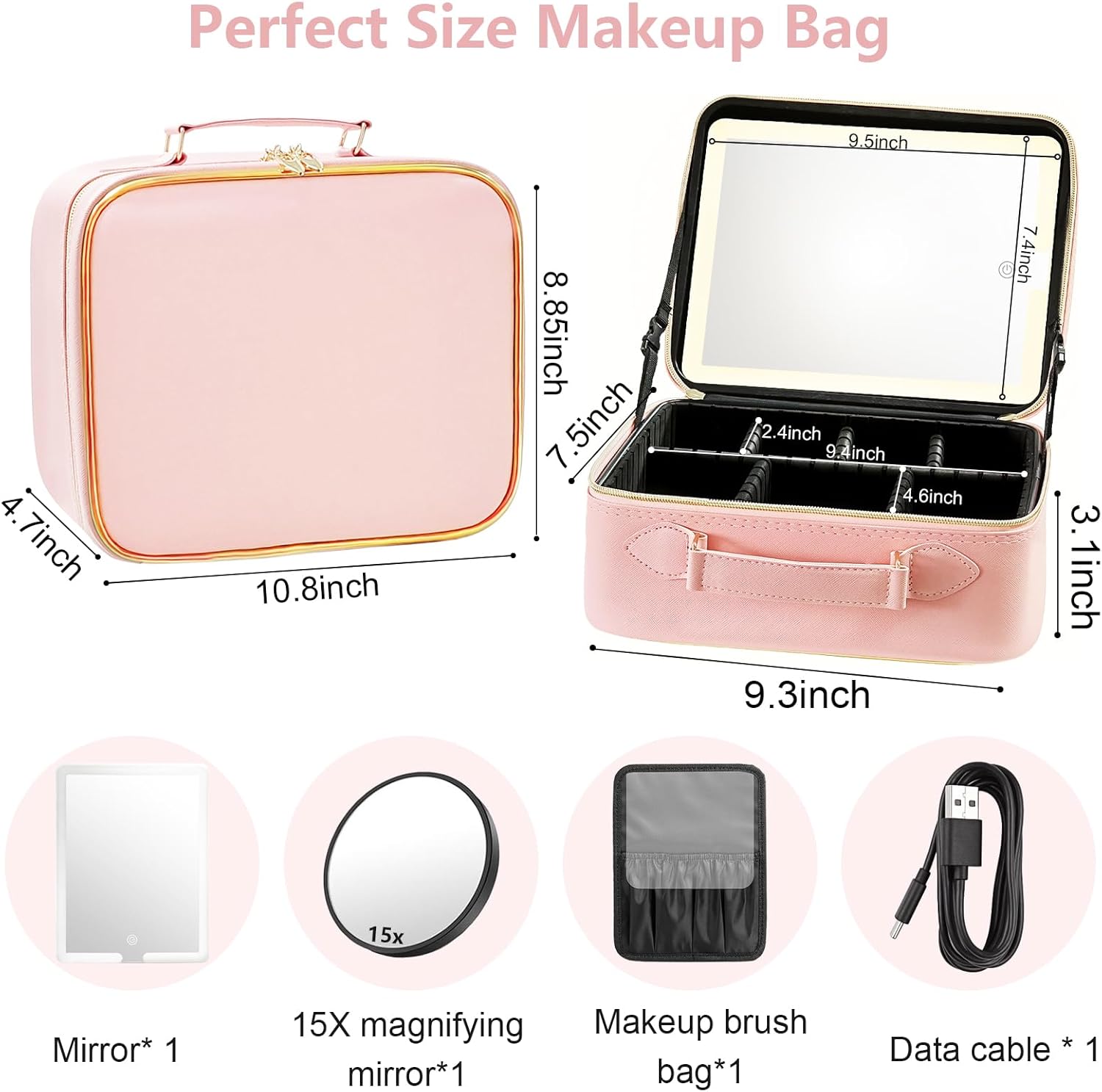 LED Makeup Bag with 15X Magnifying Mirror, Waterproof, Adjustable Dividers (Pink) - Image 5