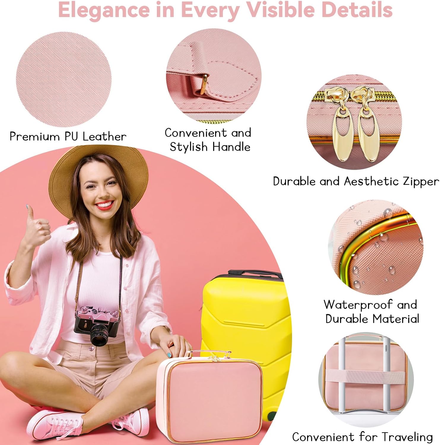 LED Makeup Bag with 15X Magnifying Mirror, Waterproof, Adjustable Dividers (Pink) - Image 4