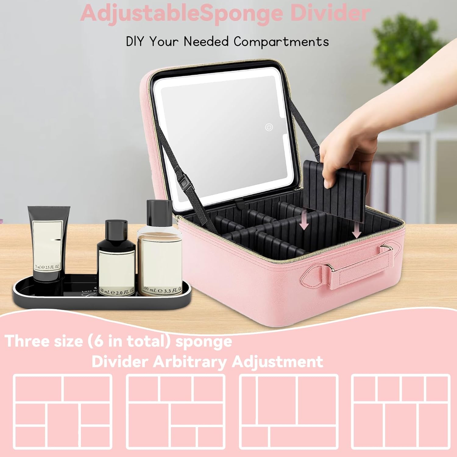 LED Makeup Bag with 15X Magnifying Mirror, Waterproof, Adjustable Dividers (Pink) - Image 3
