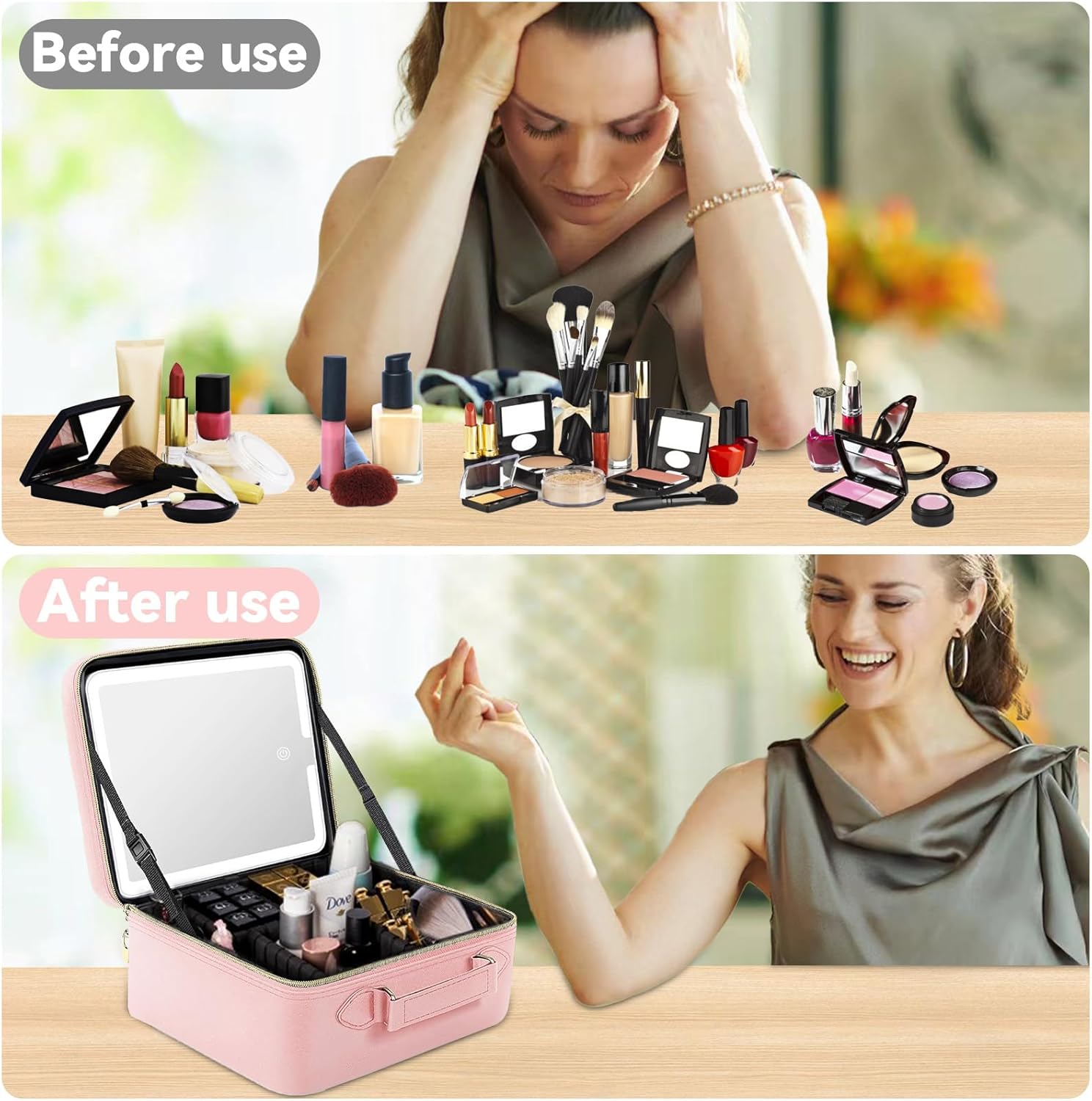 LED Makeup Bag with 15X Magnifying Mirror, Waterproof, Adjustable Dividers (Pink) - Image 7