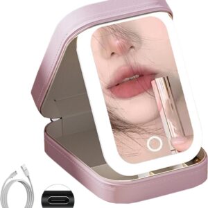 LED Mirror Travel Makeup Bag, USB Rechargeable Portable Cosmetic Case (Pink)