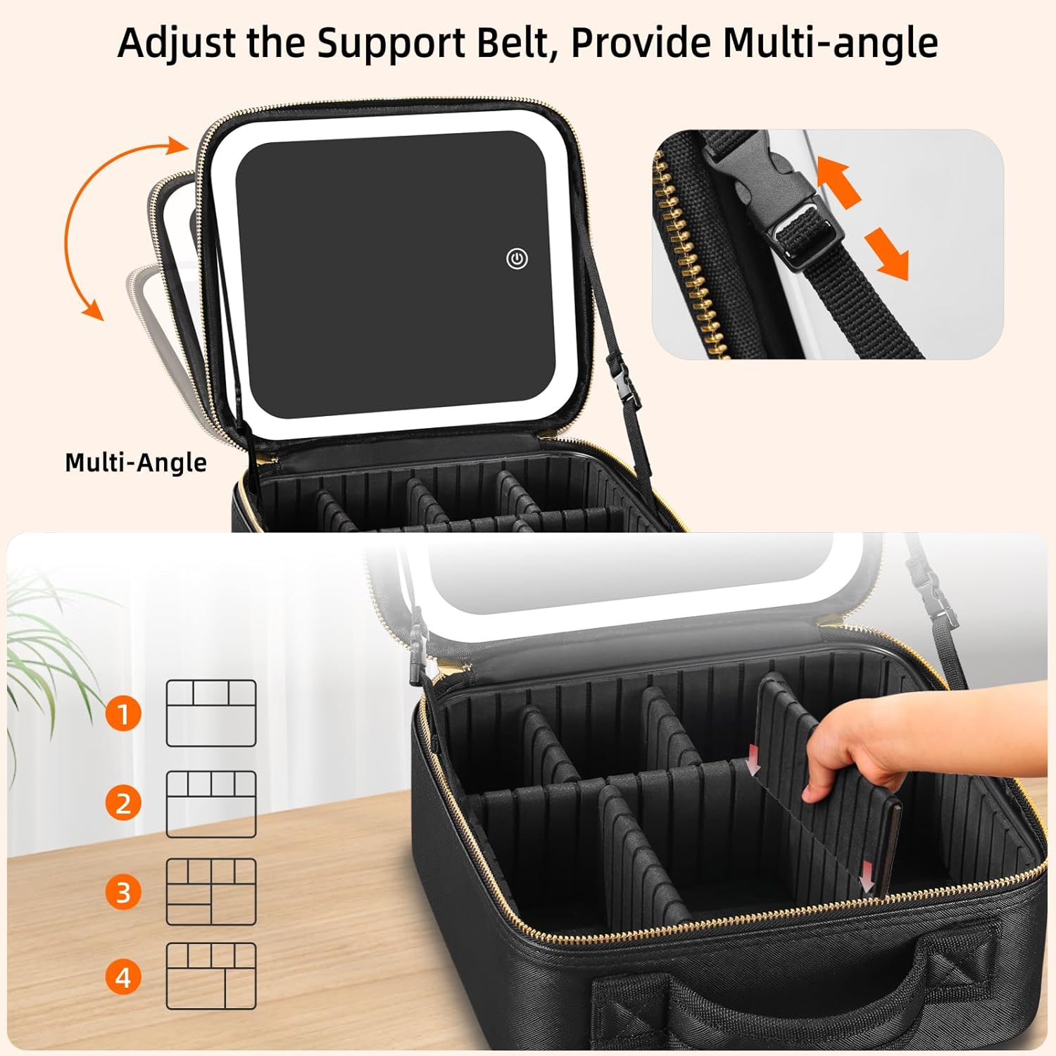 Large LED Lighted Travel Makeup Bag with Adjustable Dividers and Detachable 10x Magnifying Mirror - Image 5