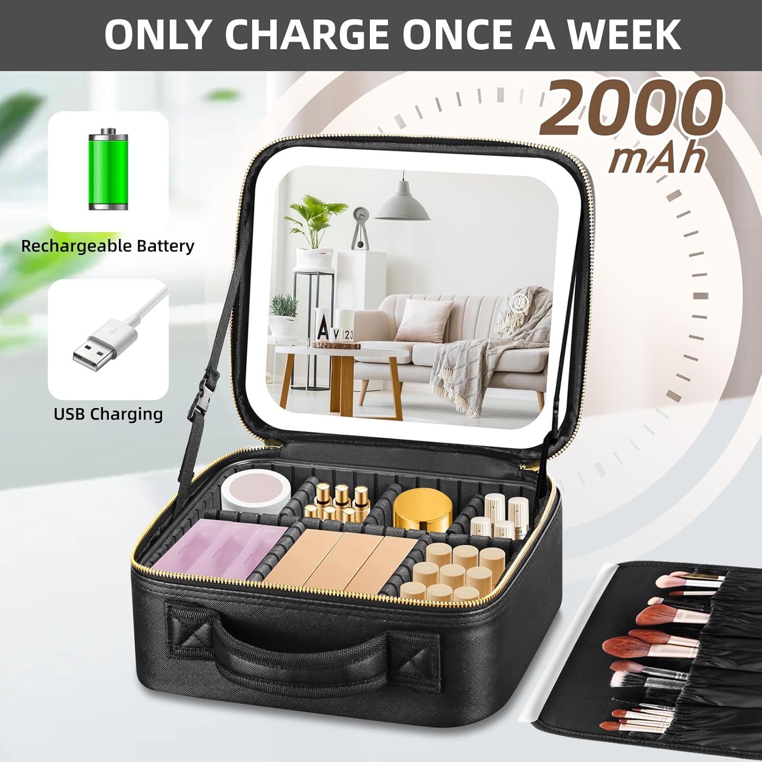 Large LED Lighted Travel Makeup Bag with Adjustable Dividers and Detachable 10x Magnifying Mirror - Image 4