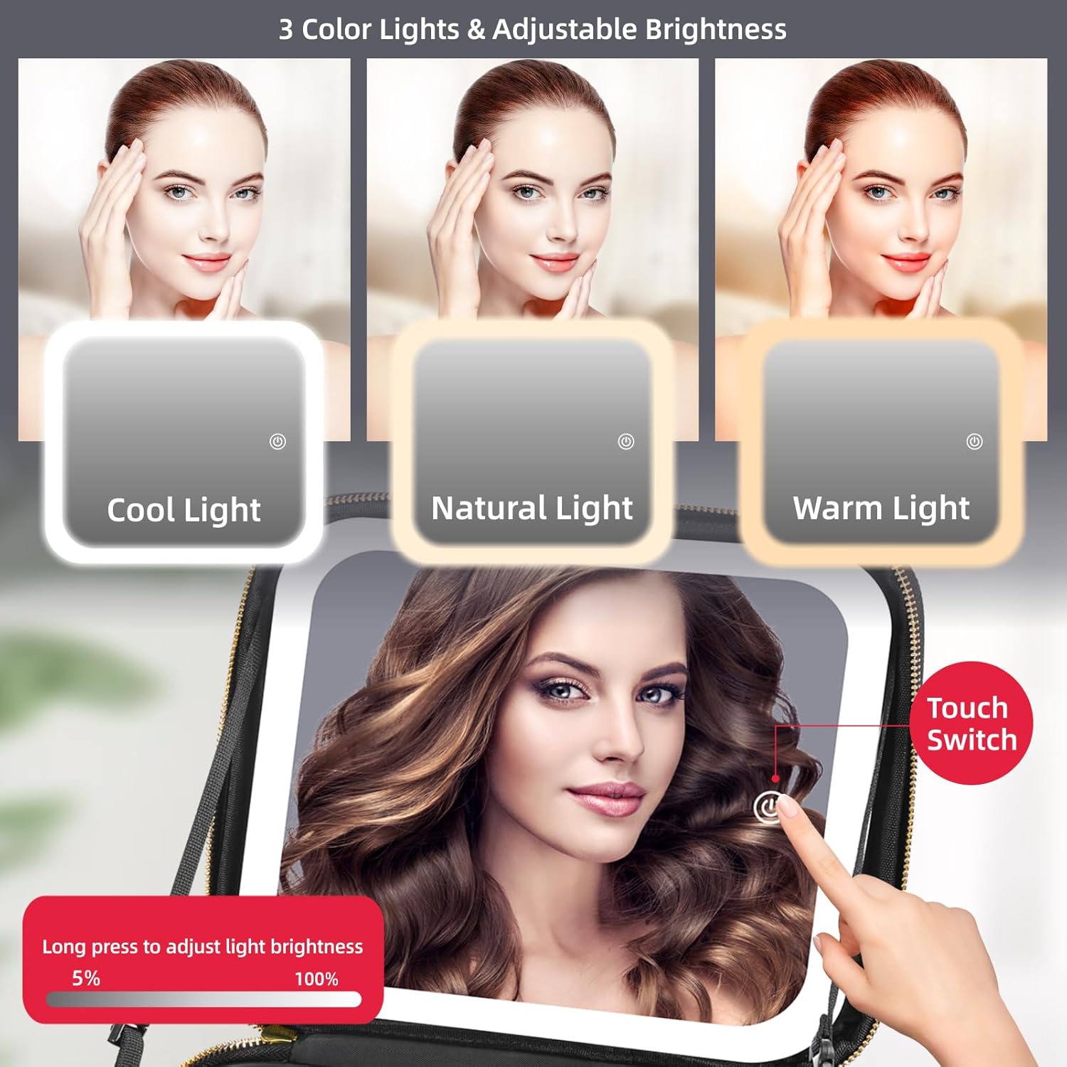 Large LED Lighted Travel Makeup Bag with Adjustable Dividers and Detachable 10x Magnifying Mirror - Image 3