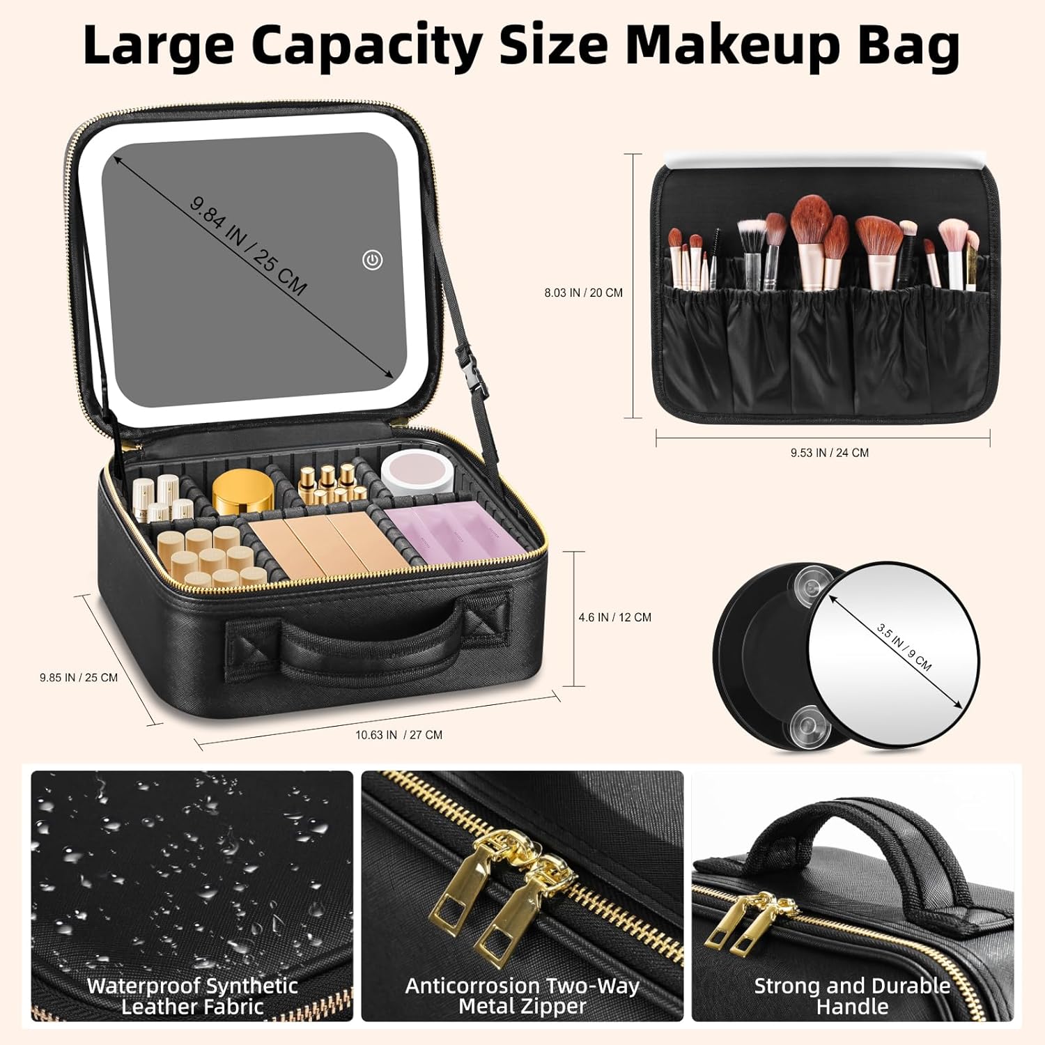 Large LED Lighted Travel Makeup Bag with Adjustable Dividers and Detachable 10x Magnifying Mirror - Image 2