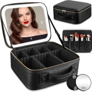 Large LED Lighted Travel Makeup Bag with Adjustable Dividers and Detachable 10x Magnifying Mirror