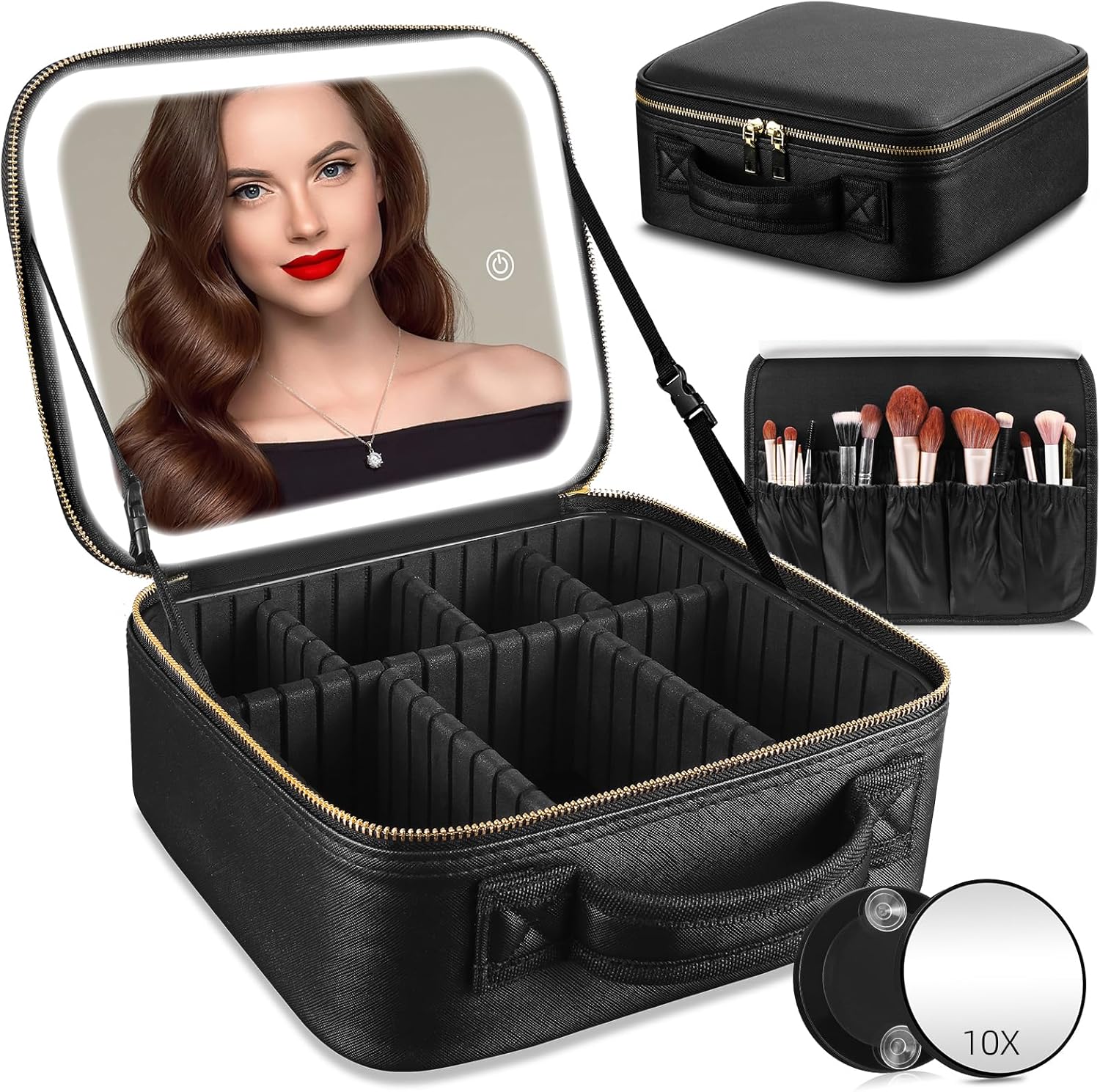 Large LED Lighted Travel Makeup Bag with Adjustable Dividers and Detachable 10x Magnifying Mirror