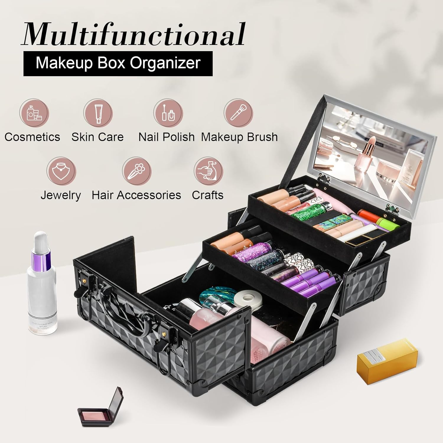 Lockable Red Travel Makeup Box with Mirror, Large Organizer & Gift for Her - Image 5