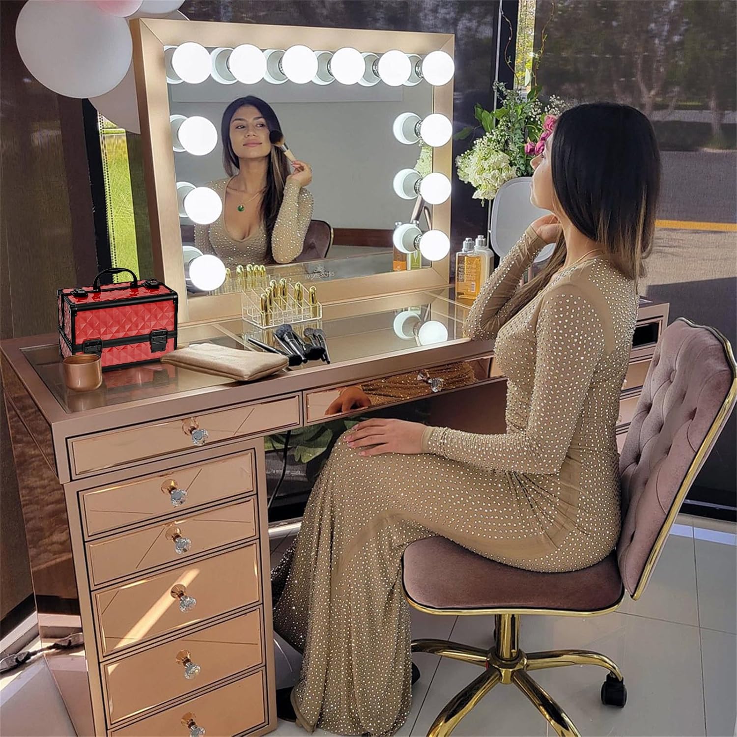 Lockable Red Travel Makeup Box with Mirror, Large Organizer & Gift for Her - Image 4