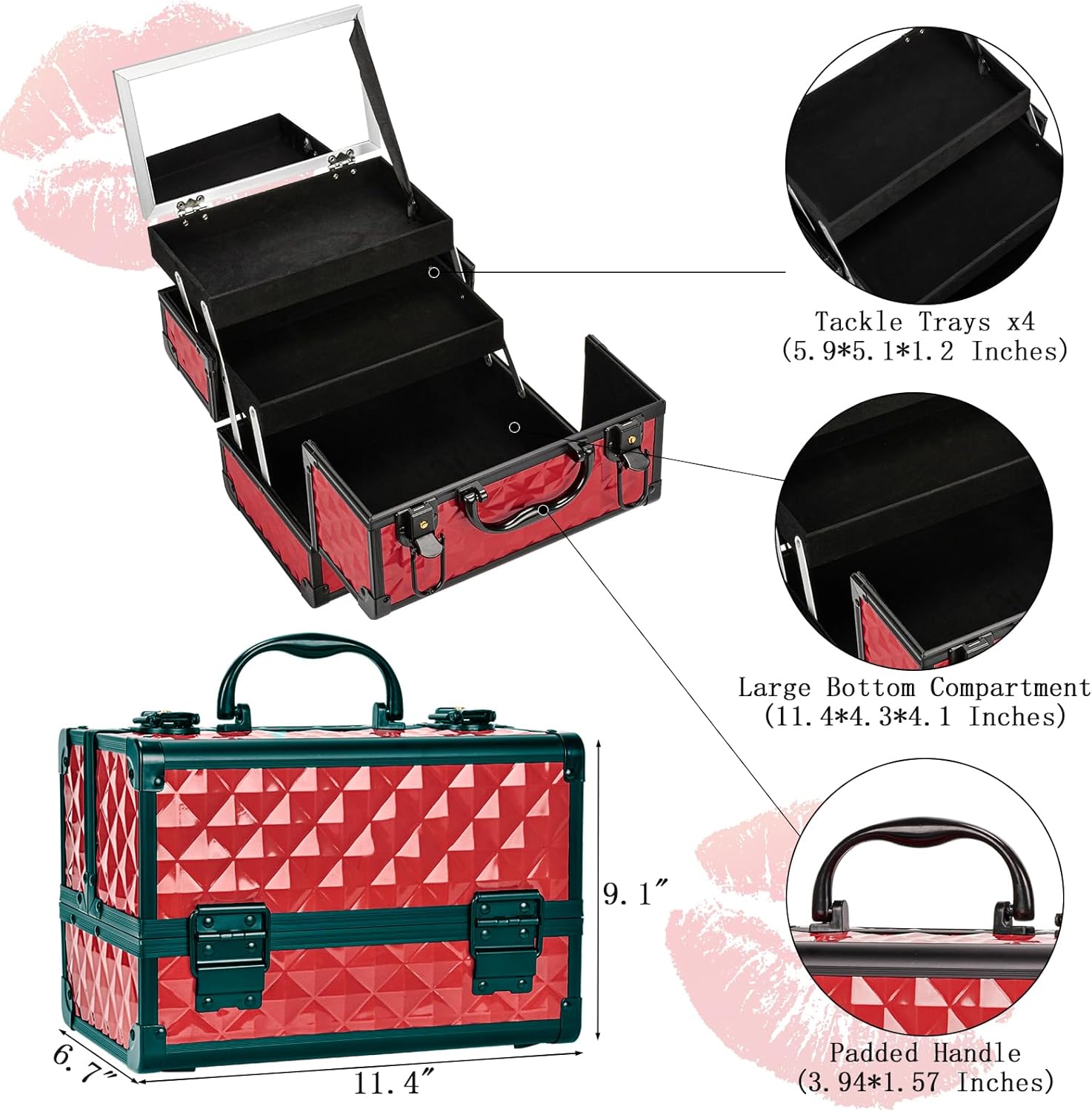 Lockable Red Travel Makeup Box with Mirror, Large Organizer & Gift for Her - Image 3