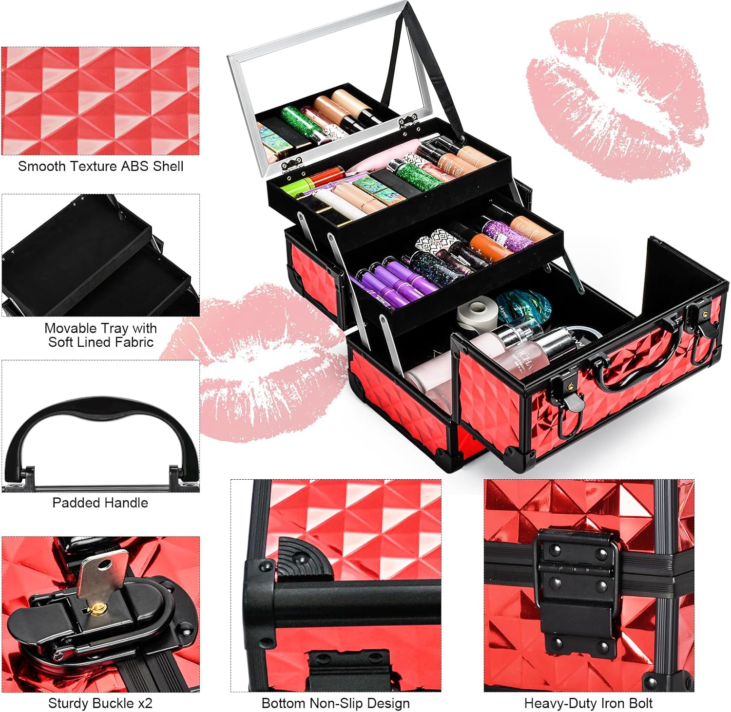 Lockable Red Travel Makeup Box with Mirror, Large Organizer & Gift for Her - Image 2