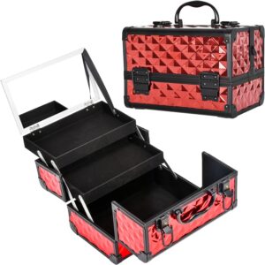 Lockable Red Travel Makeup Box with Mirror, Large Organizer & Gift for Her