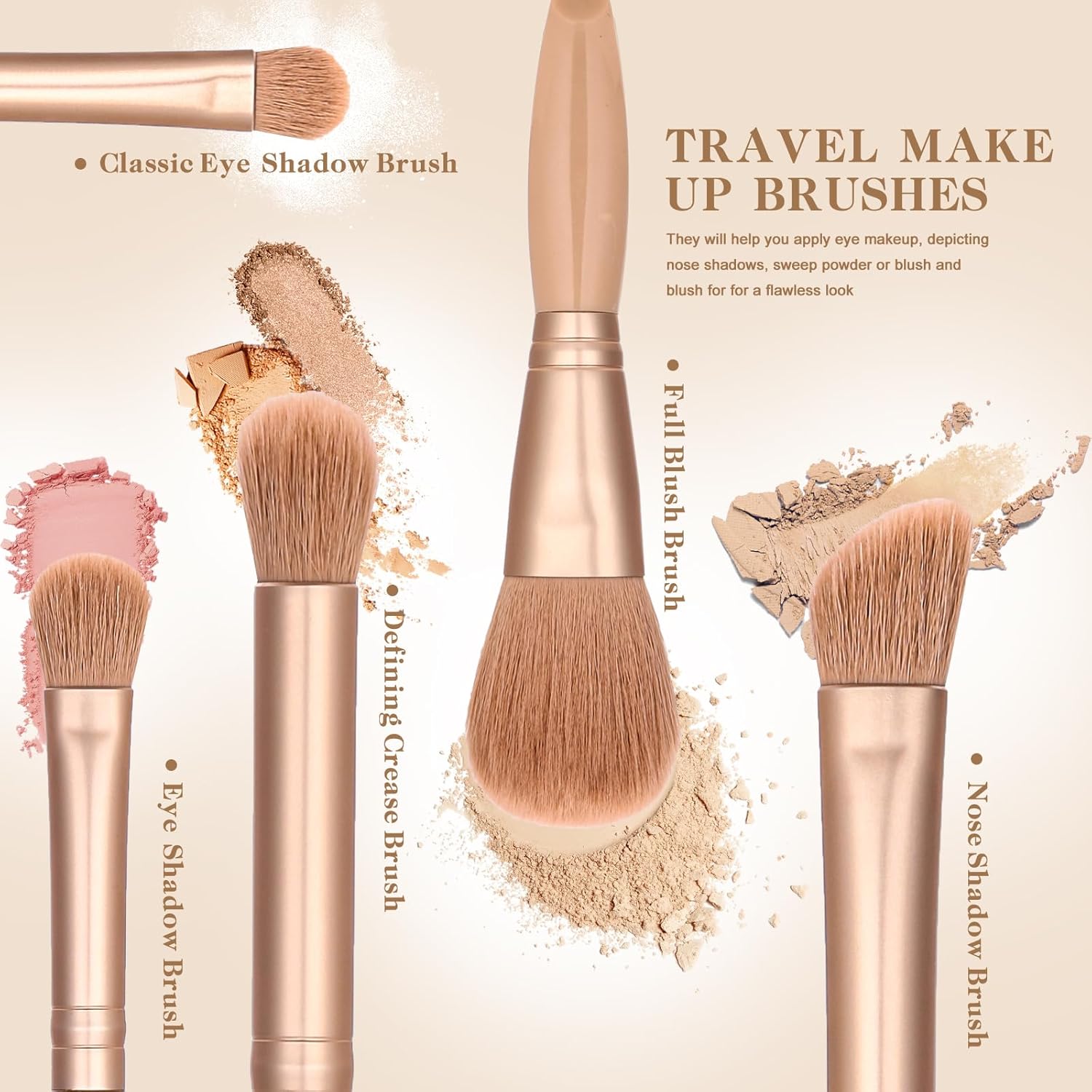 Apricot Travel Makeup Brush Set Mini Eyeshadow Kit Soft Brushes Compact Size - Image 4