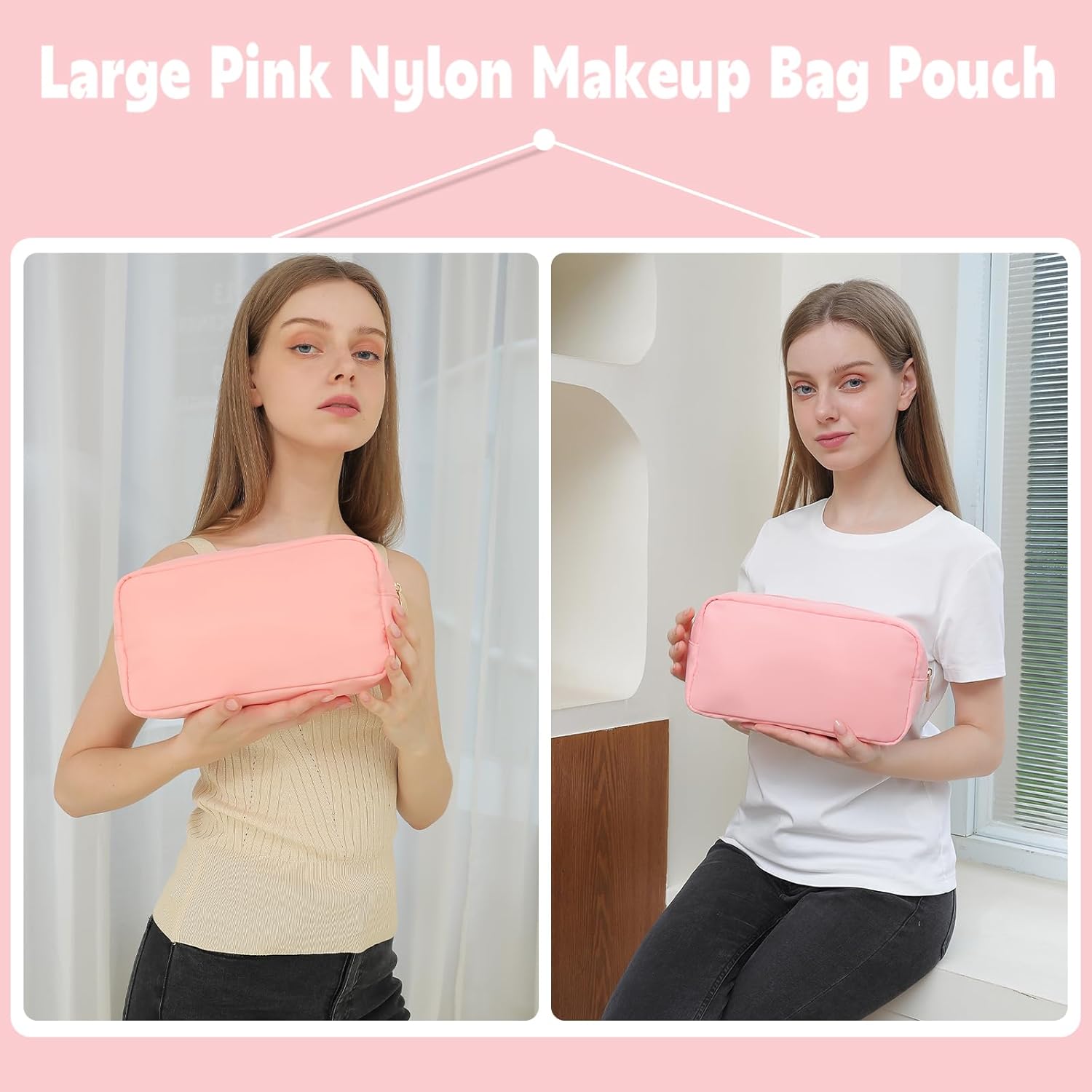 Travel Size Toiletries Kit Makeup Bag Pouch for Purse Women Suncren Bag Nylon Cosmetic Pouch with Zipper Pocket (Pink,M) - Image 2