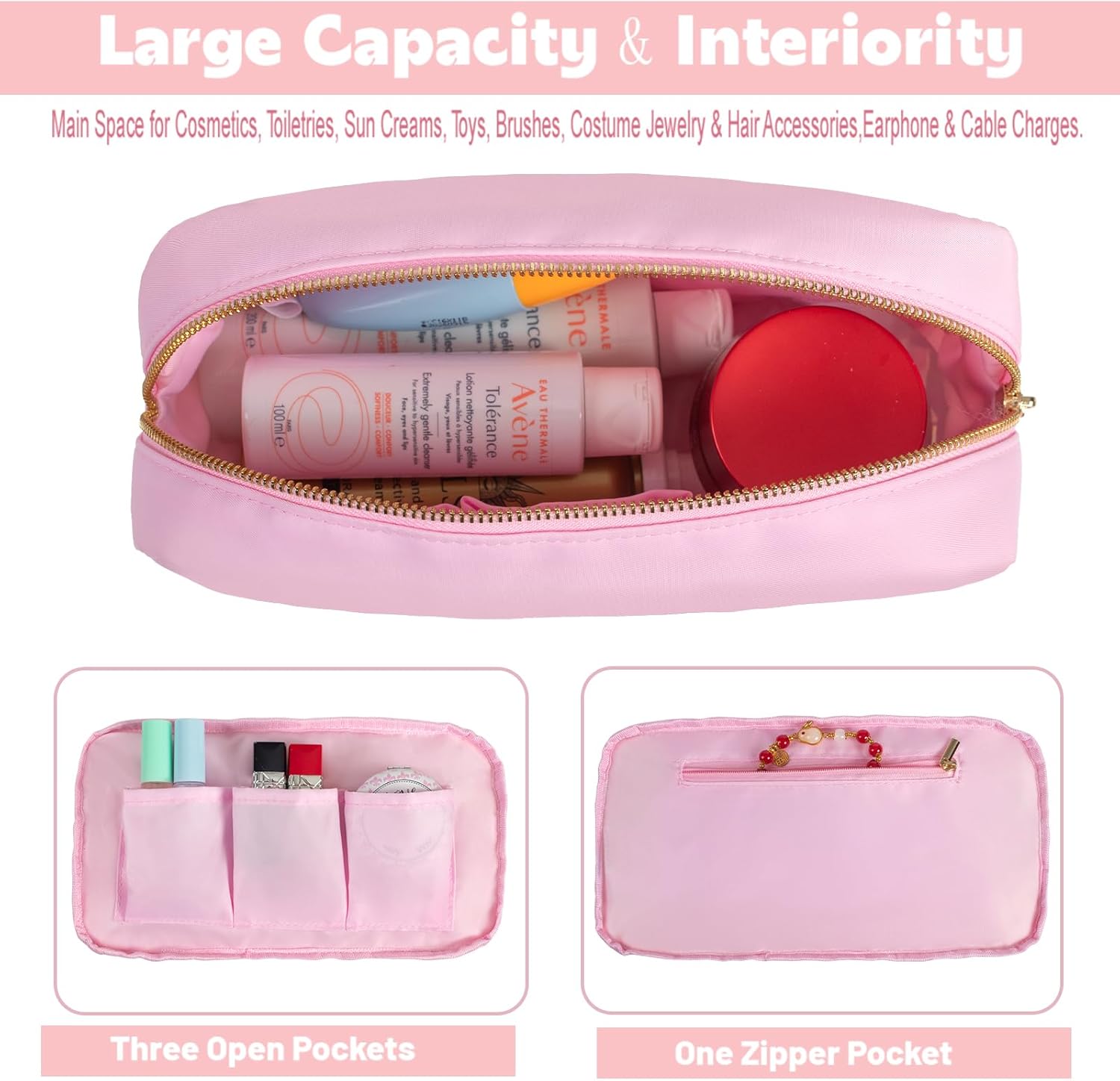 Travel Size Toiletries Kit Makeup Bag Pouch for Purse Women Suncren Bag Nylon Cosmetic Pouch with Zipper Pocket (Pink,M) - Image 4