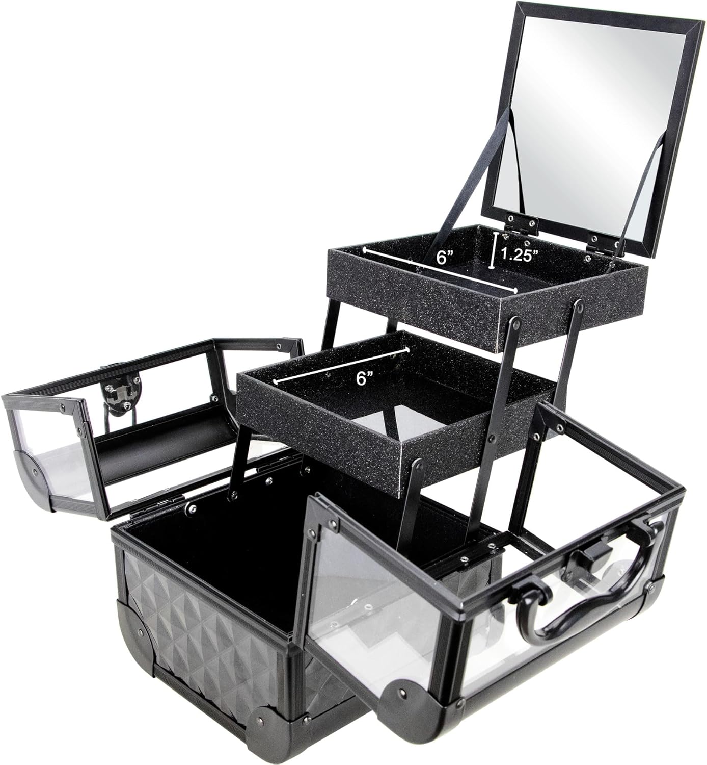 Ver Beauty VK005 Mini Black Diamond Train Case Organizer with Two Shelves and Mirror - Image 4
