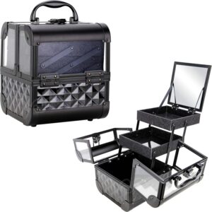 Ver Beauty VK005 Mini Black Diamond Train Case Organizer with Two Shelves and Mirror