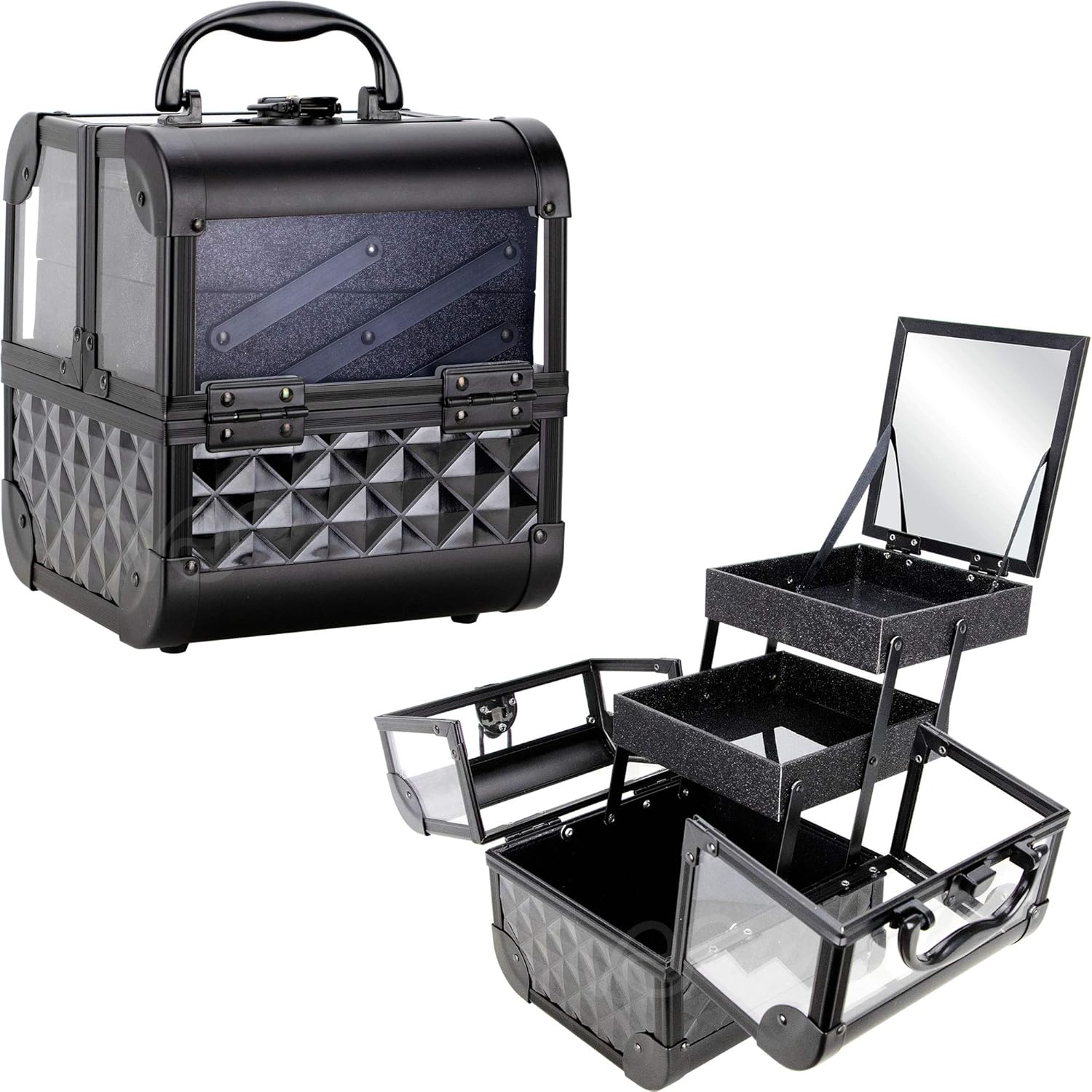 Ver Beauty VK005 Mini Black Diamond Train Case Organizer with Two Shelves and Mirror