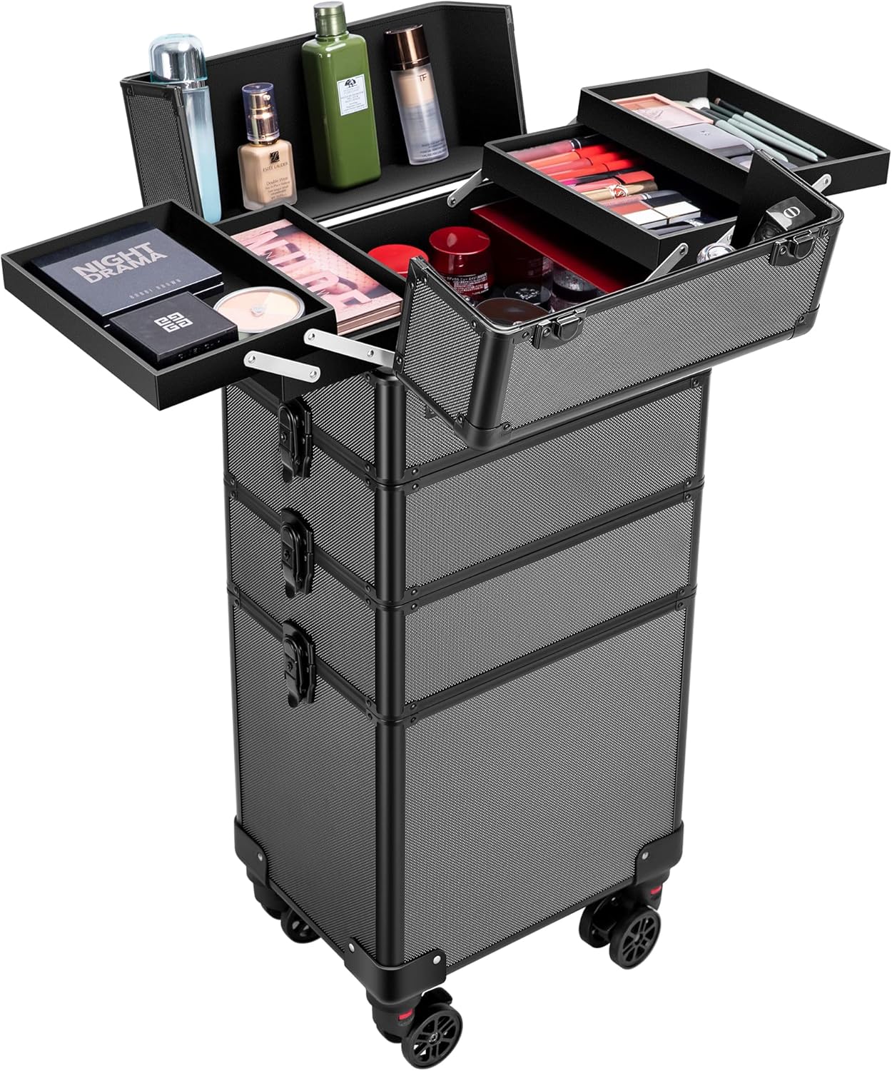 VIVOHOME 4-in-1 Makeup Rolling Train Case with Shoulder Straps and Keys, Black