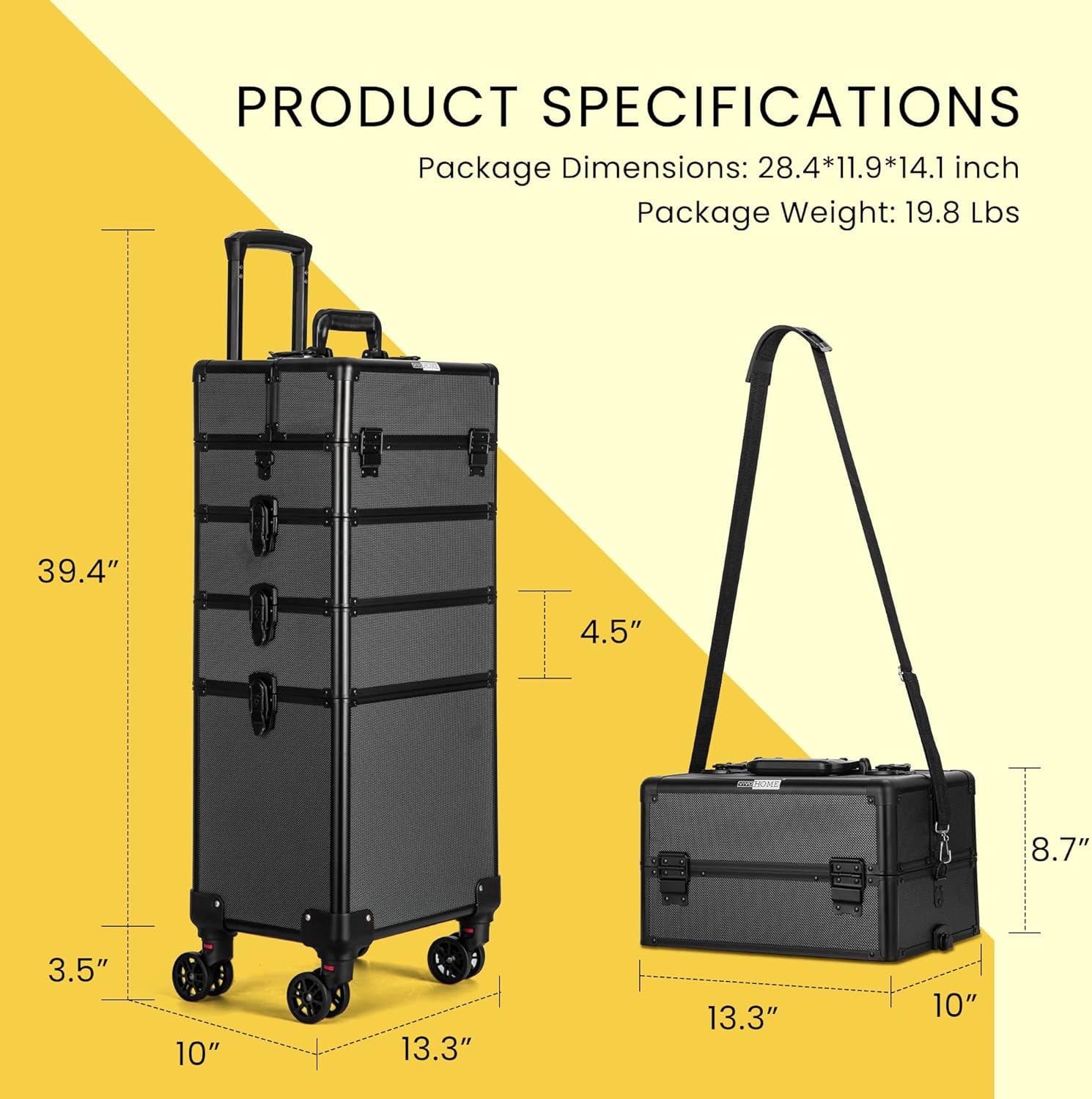 VIVOHOME 4-in-1 Makeup Rolling Train Case with Shoulder Straps and Keys, Black - Image 6