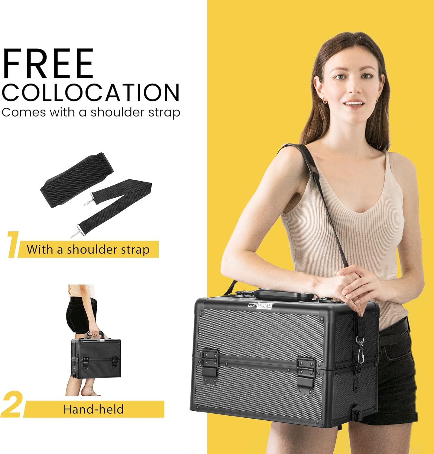 VIVOHOME 4-in-1 Makeup Rolling Train Case with Shoulder Straps and Keys, Black - Image 7