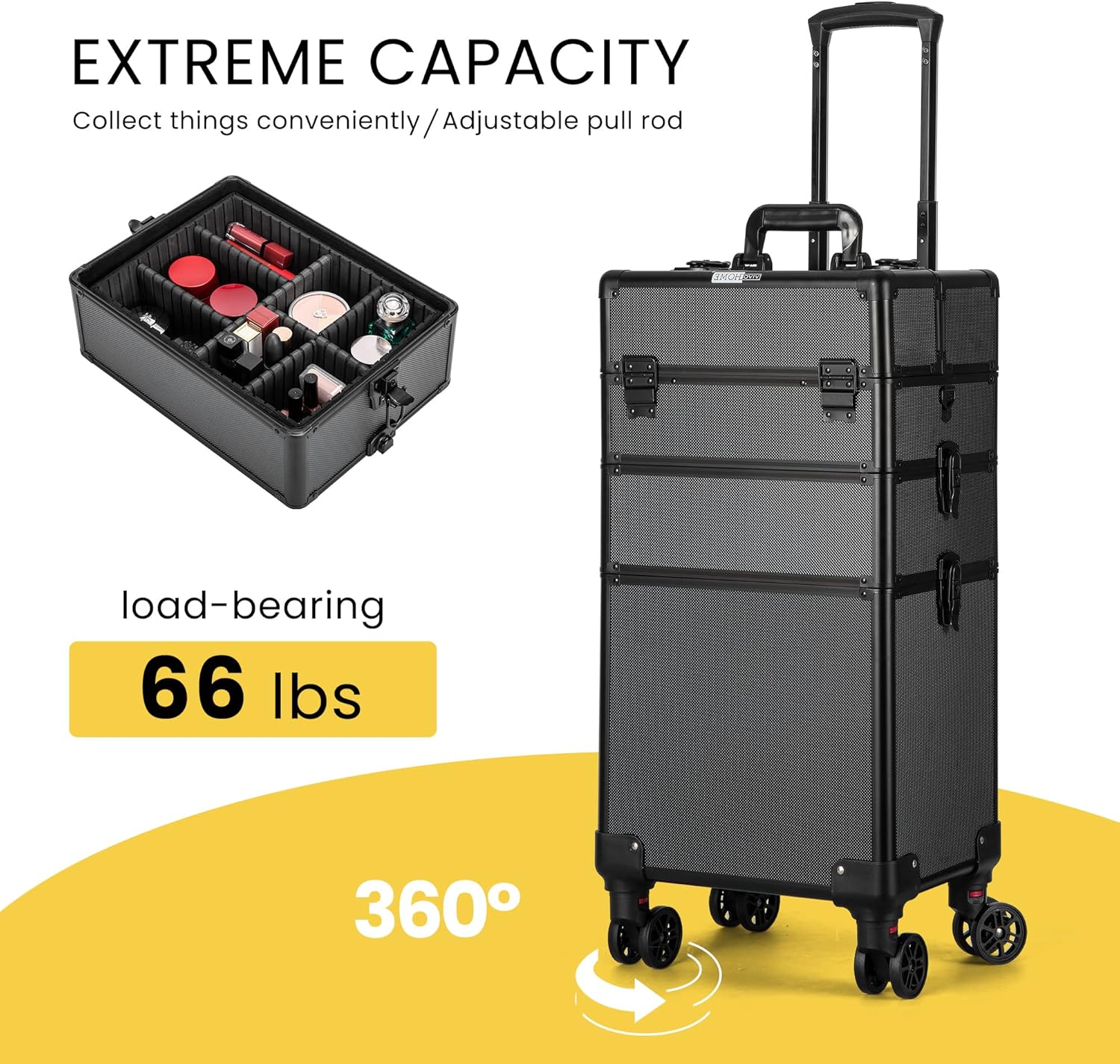 VIVOHOME 4-in-1 Makeup Rolling Train Case with Shoulder Straps and Keys, Black - Image 4