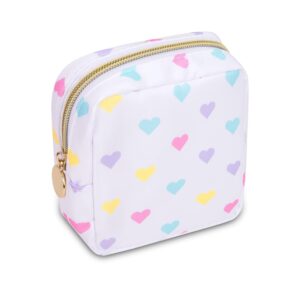 Waterproof Mini Makeup Bag Pouch for Purse,Nylon Travel Toiletry Organizers Bag Small Cosmetic Bag for Women Girl,Cute Mini Zipper Pouch Coin Purse Preppy Storage Bag for Work(Mini-White Heart)
