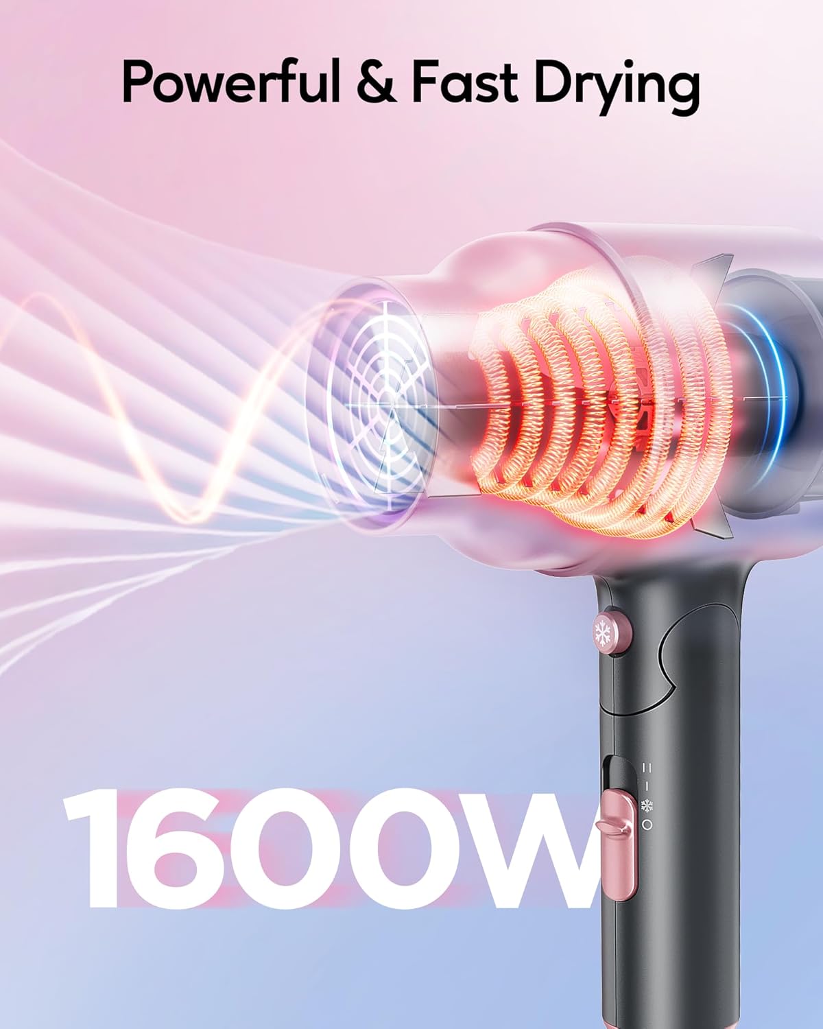 Wavytalk 1600W Portable Mini Hair Dryer with Diffuser, Foldable, Rose Pink - Image 3