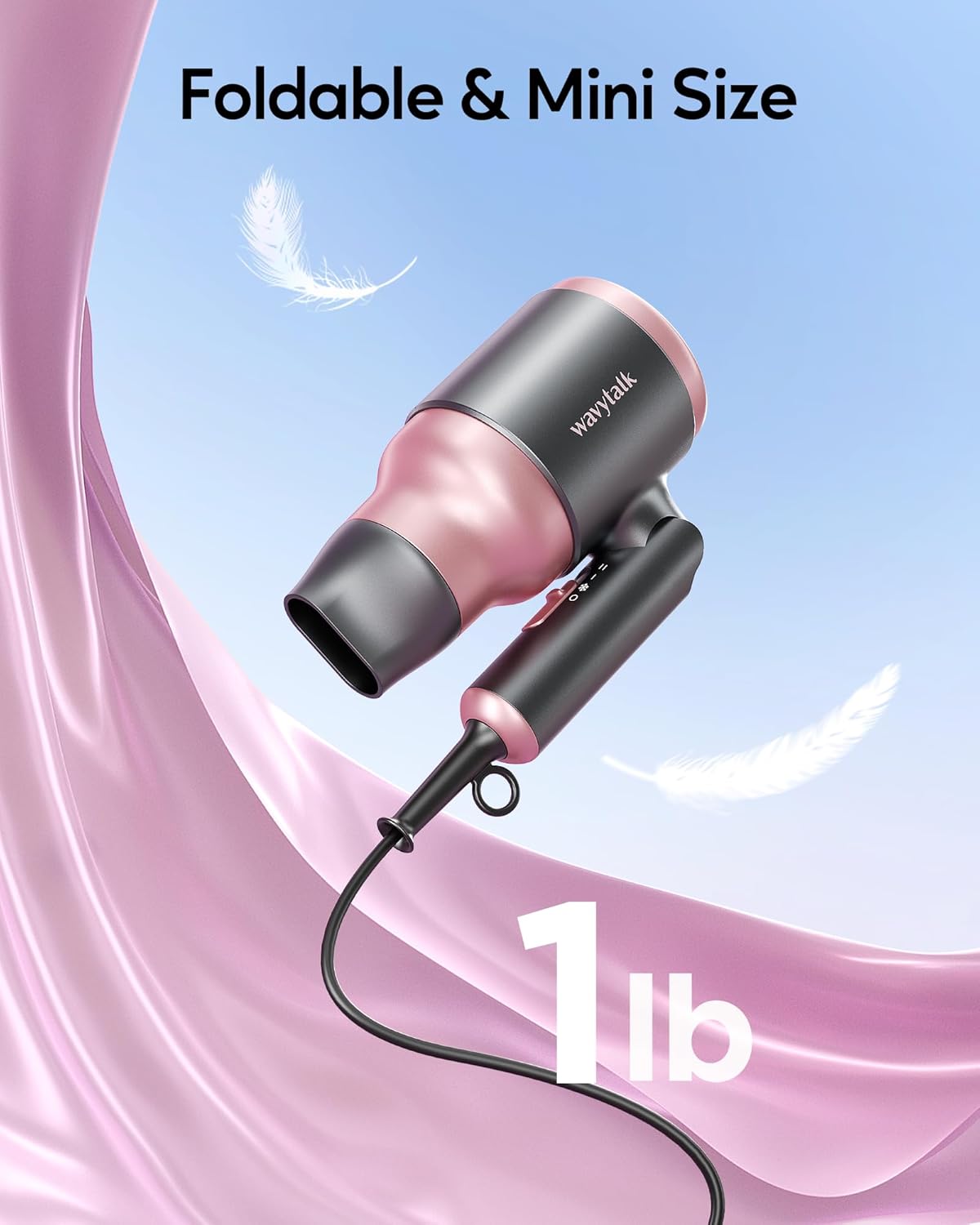 Wavytalk 1600W Portable Mini Hair Dryer with Diffuser, Foldable, Rose Pink - Image 2