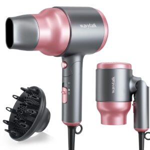 Wavytalk 1600W Portable Mini Hair Dryer with Diffuser, Foldable, Rose Pink
