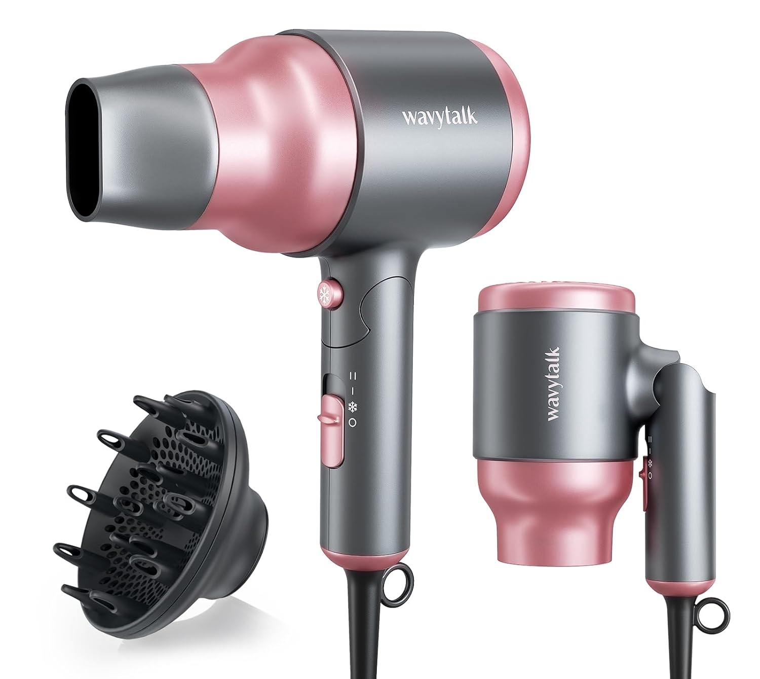 Wavytalk 1600W Portable Mini Hair Dryer with Diffuser, Foldable, Rose Pink