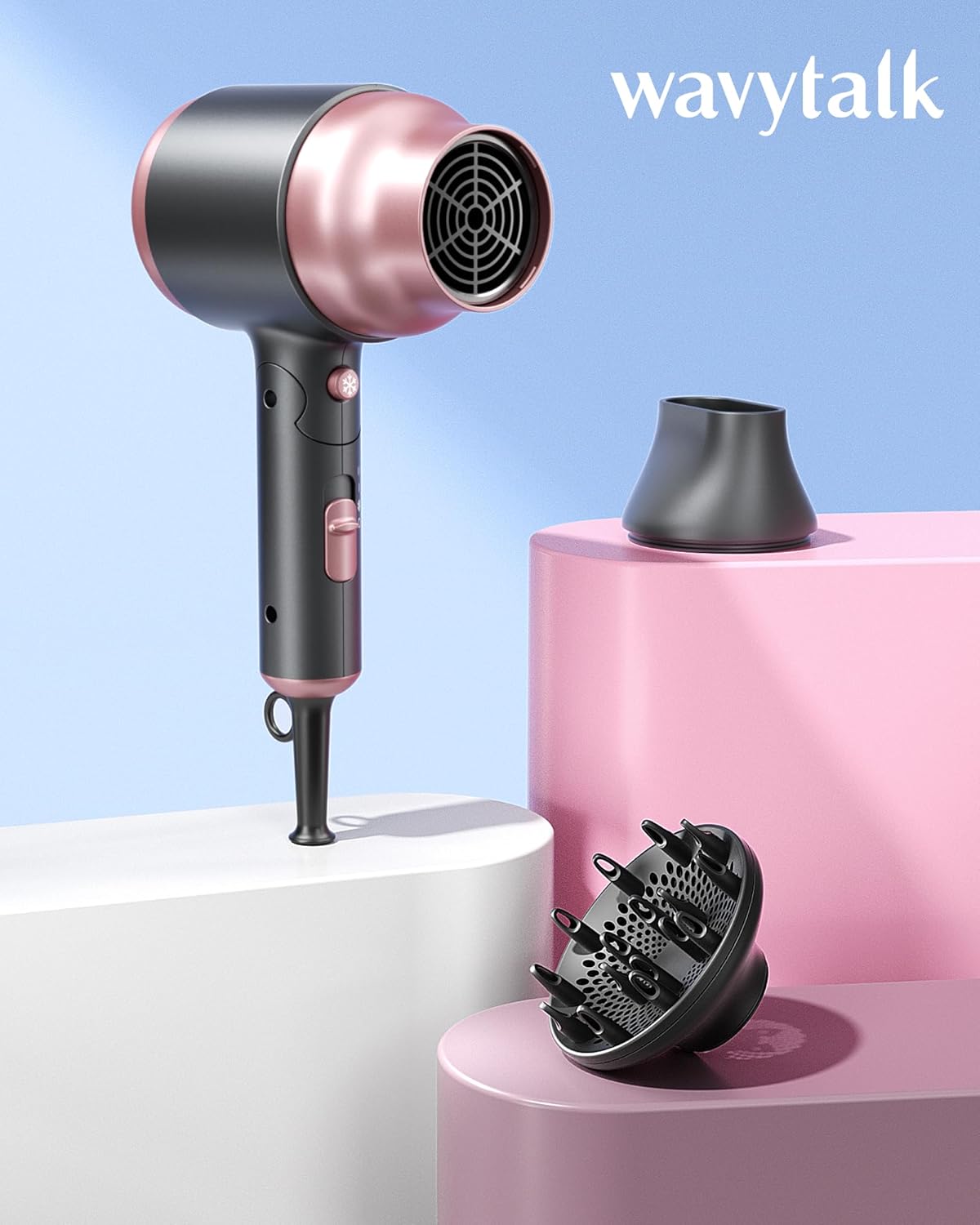Wavytalk 1600W Portable Mini Hair Dryer with Diffuser, Foldable, Rose Pink - Image 6
