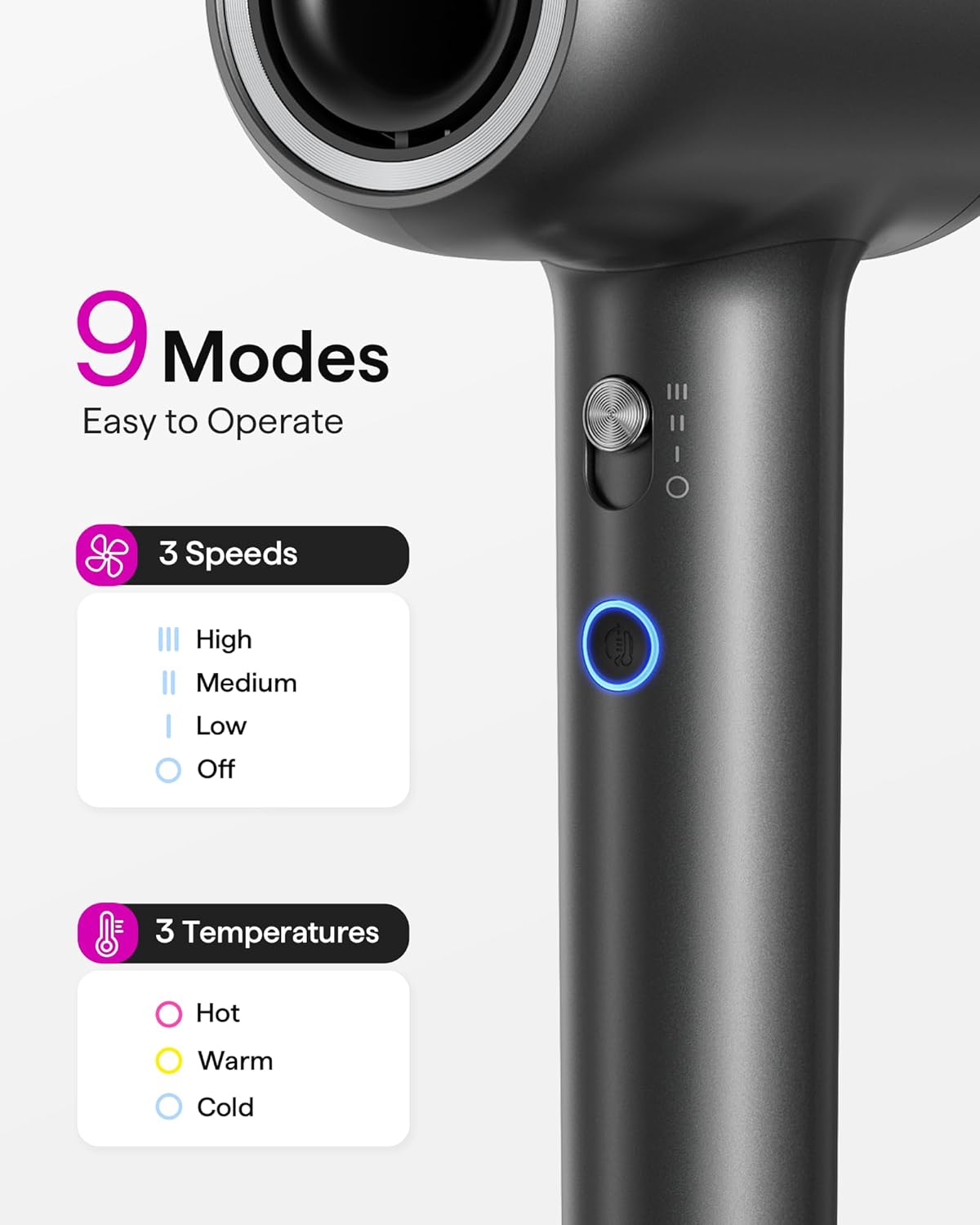 Wavytalk Ionic Hair Dryer 110,000 RPM, Diffuser, 2 Attachments, 3 Speeds/Temps - Image 5