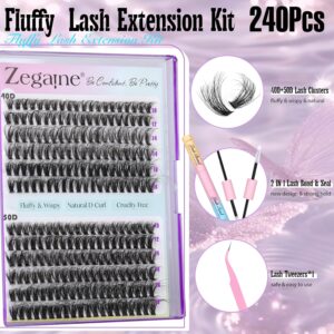 Zegaine Fluffy Lash Clusters Kit: 40D/50D Faux Mink Extensions, D Curl, 10-16MM