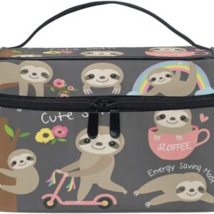ZOEO Cute Sloth Makeup Train Case Grey Floral Korean Carrying Portable Zip Travel Cosmetic Brush Bag Organizer Large for Girls Women