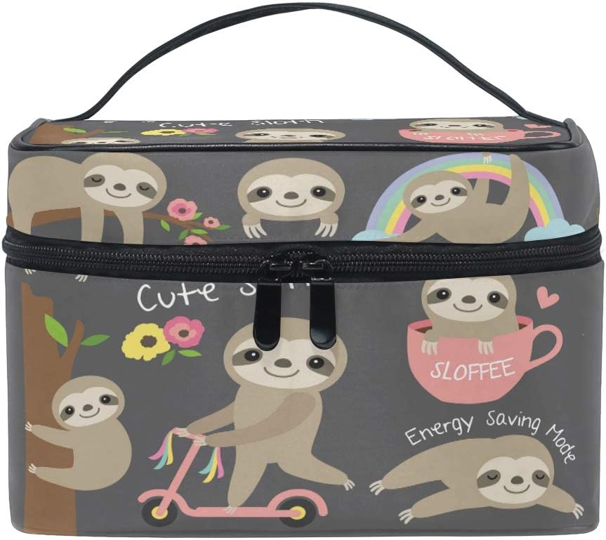 ZOEO Cute Sloth Makeup Train Case Grey Floral Korean Carrying Portable Zip Travel Cosmetic Brush Bag Organizer Large for Girls Women