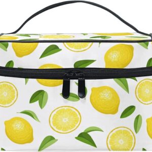 ZOEO Lemon Makeup Train Case Yellow Lime Tree Summer Plant Korean Carrying Portable Zip Travel Cosmetic Brush Bag Organizer Large