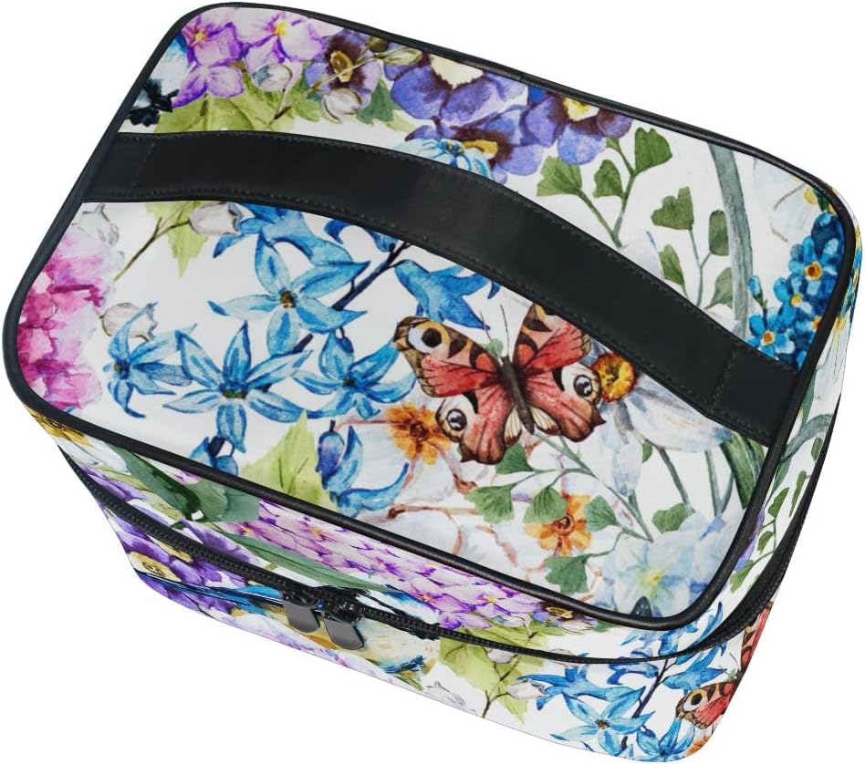 ZOEO Makeup Train Case Blue Bird Butterfly Flower Garden Korean Carrying Portable Zip Travel Cosmetic Brush Bag Organizer Large for Girls Women - Image 4