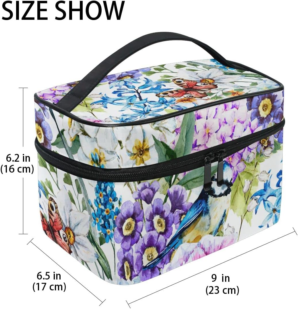 ZOEO Makeup Train Case Blue Bird Butterfly Flower Garden Korean Carrying Portable Zip Travel Cosmetic Brush Bag Organizer Large for Girls Women - Image 3