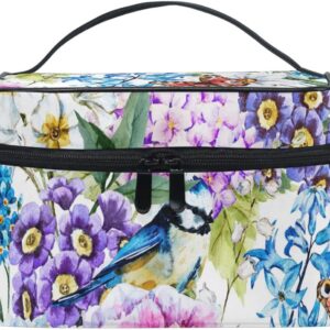 ZOEO Makeup Train Case Blue Bird Butterfly Flower Garden Korean Carrying Portable Zip Travel Cosmetic Brush Bag Organizer Large for Girls Women