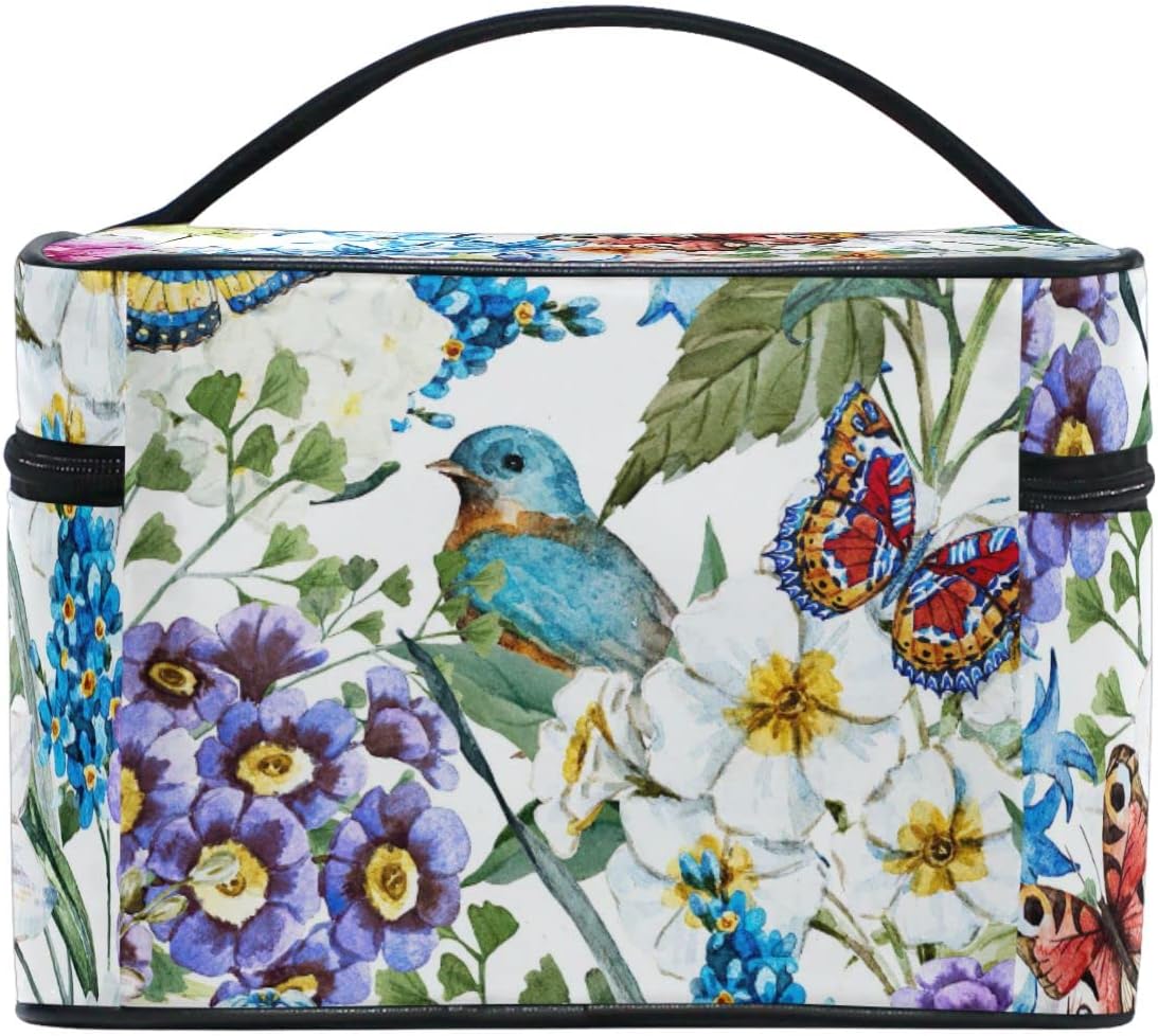 ZOEO Makeup Train Case Blue Bird Butterfly Flower Garden Korean Carrying Portable Zip Travel Cosmetic Brush Bag Organizer Large for Girls Women - Image 5