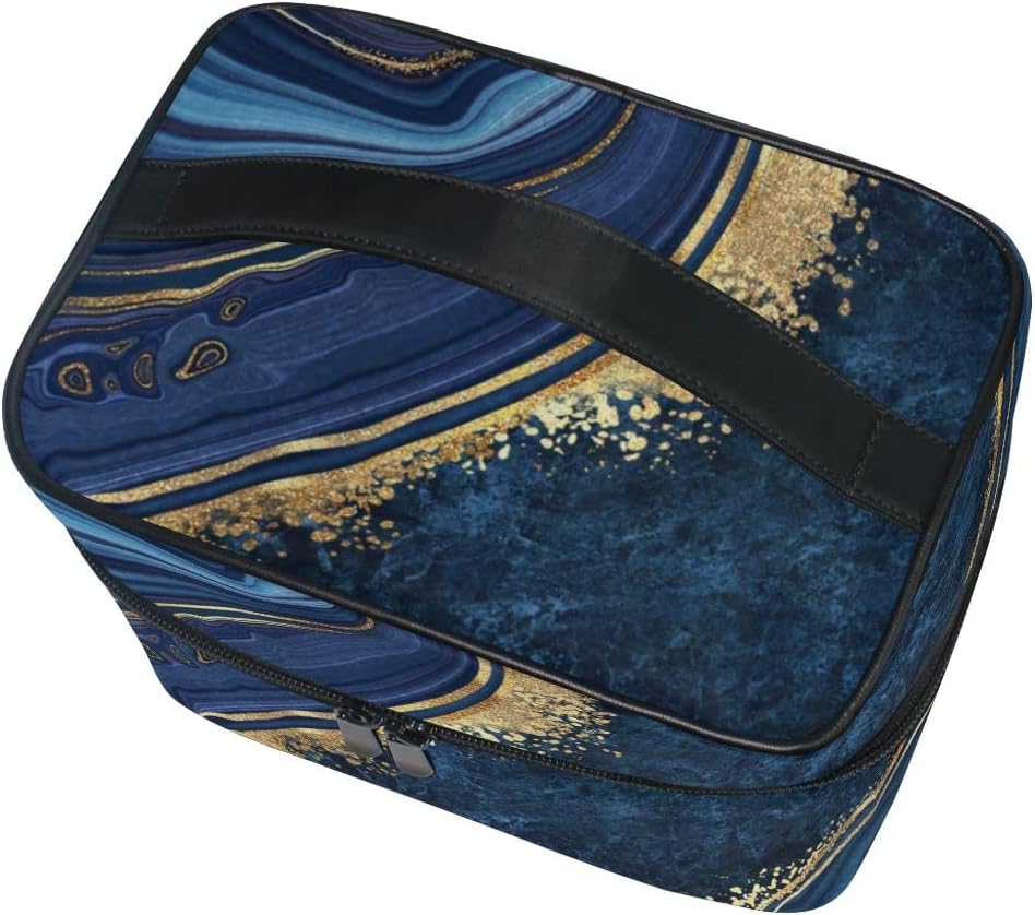 ZOEO Makeup Train Case Elegant Navy Gold Marble Korean Carrying Portable Zip Travel Cosmetic Brush Bag Organizer Large for Girls Women - Image 4