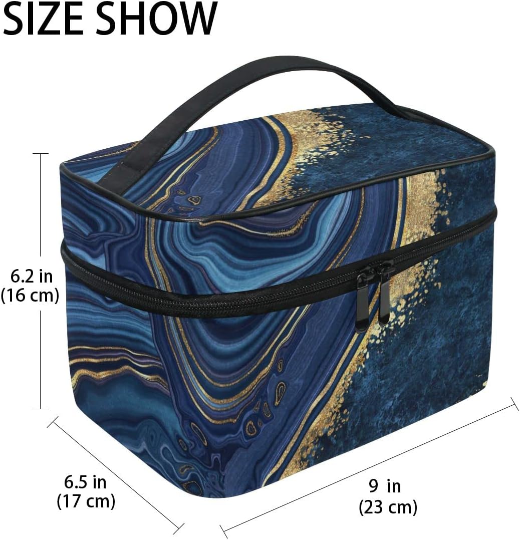 ZOEO Makeup Train Case Elegant Navy Gold Marble Korean Carrying Portable Zip Travel Cosmetic Brush Bag Organizer Large for Girls Women - Image 3