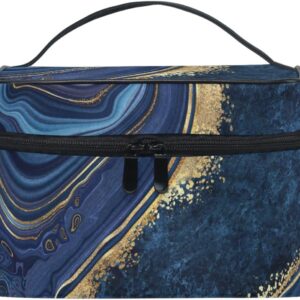 ZOEO Makeup Train Case Elegant Navy Gold Marble Korean Carrying Portable Zip Travel Cosmetic Brush Bag Organizer Large for Girls Women