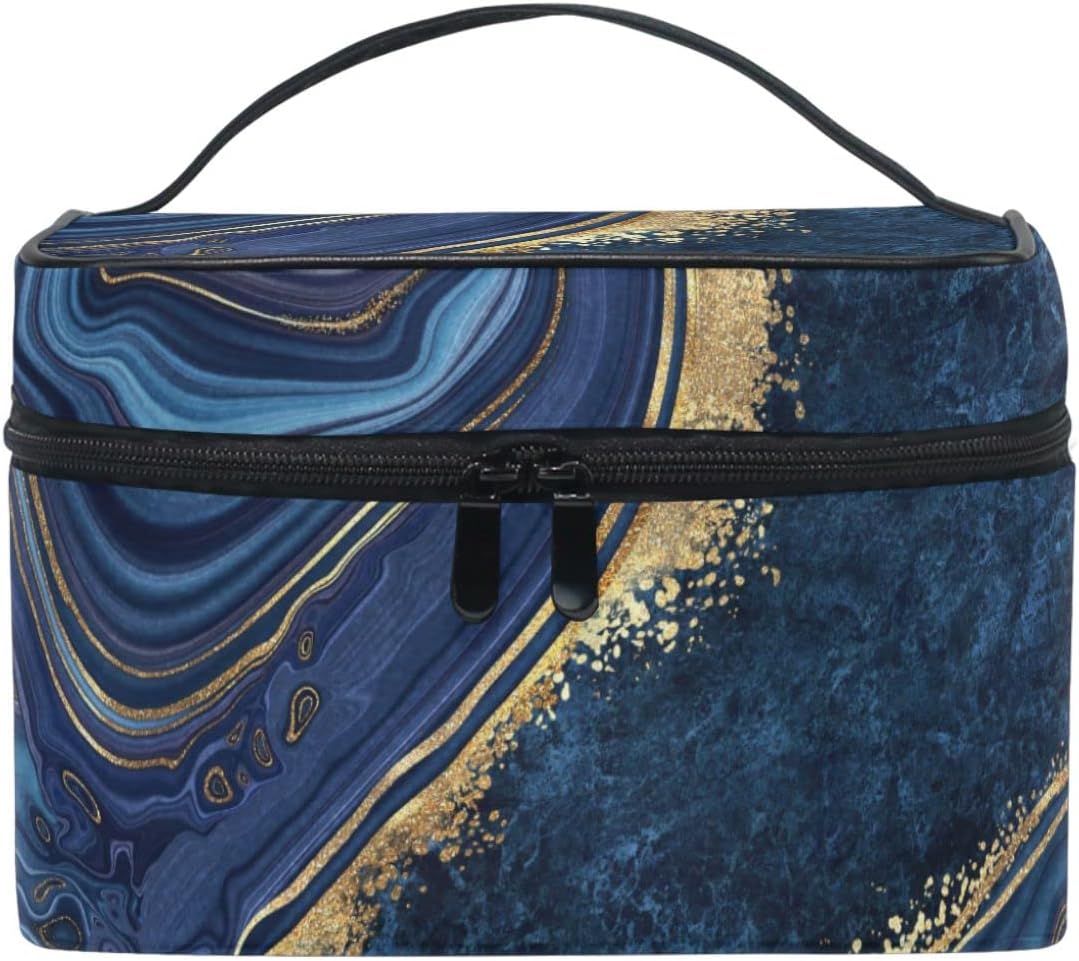 ZOEO Makeup Train Case Elegant Navy Gold Marble Korean Carrying Portable Zip Travel Cosmetic Brush Bag Organizer Large for Girls Women