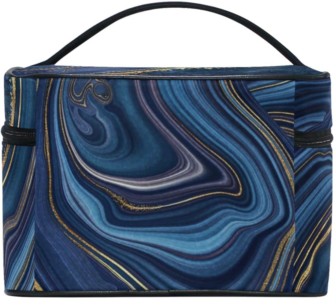 ZOEO Makeup Train Case Elegant Navy Gold Marble Korean Carrying Portable Zip Travel Cosmetic Brush Bag Organizer Large for Girls Women - Image 5