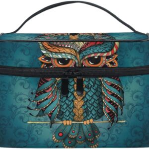 ZOEO Makeup Train Case Owl Cyan Mandala Indian Feather Tribal Korean Carrying Portable Zip Travel Cosmetic Brush Bag Organizer Large for Girls Women