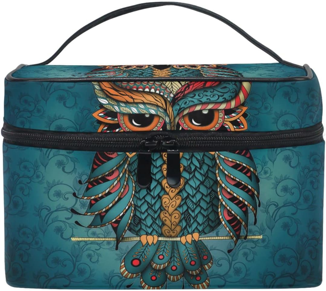 ZOEO Makeup Train Case Owl Cyan Mandala Indian Feather Tribal Korean Carrying Portable Zip Travel Cosmetic Brush Bag Organizer Large for Girls Women