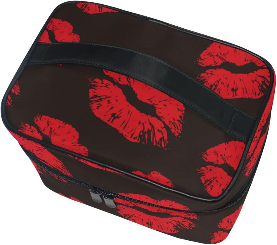 ZOEO Makeup Train Case Red Lips Retro Black XOXOXO Korean Carrying Portable Zip Travel Cosmetic Brush Bag Organizer Large for Girls Women - Image 4
