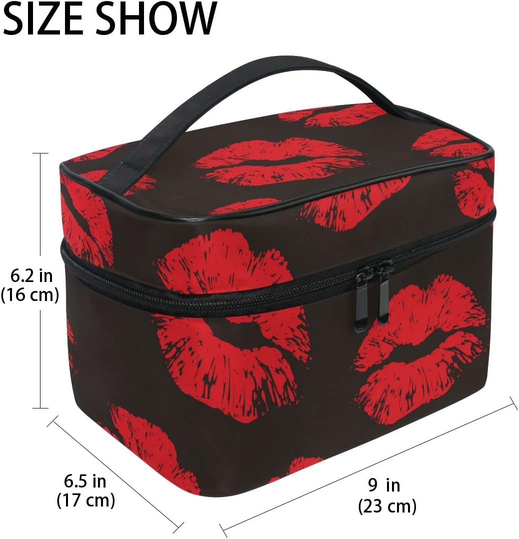 ZOEO Makeup Train Case Red Lips Retro Black XOXOXO Korean Carrying Portable Zip Travel Cosmetic Brush Bag Organizer Large for Girls Women - Image 3